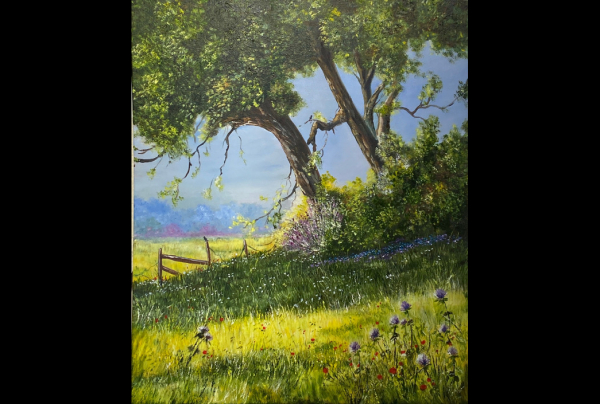 ''Sous les Chênes'' (55x46cm) Huile sur toile. Sylvie BAC, comme Claude MONET, aime peindre la quiétude de la Nature, c'est ainsi que ces artistes on pu en saisir la plus subtile  beauté dans leur tableaux pour la révéler aux spectateurs. 