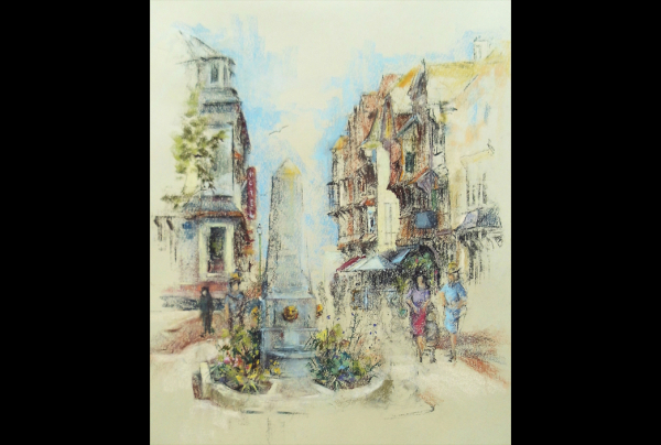 ''La Fontaine Place des Halles à Étretat'' 50 x 65 cm, pastel de Miriam REDOUANE. Omniprésence et fugacité de formes et couleurs, l'artiste ressent l'essentiel de la fontaine dont elle sait capter l'immanence pour la fixer hors du temps présent.   