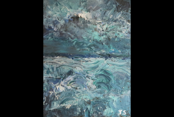 ''Luna di Mare'', huile sur toile 40x27cm, Entre mer et ciel, imaginaire et réel, figuratif et abstrait, Jeanne SIMON, peint avec un geste sûr. Ses pinceaux prolongent sa main et fixent ses émotions sur la toile en reflet de son intériorité.