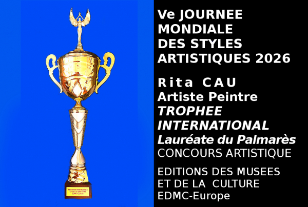 Peintre récipiendaire du Trophée International de la Ve Journée Mondiale des Styles Artistiques, l'artiste Rita CAU, Lauréate du Palmarès, crée une peinture de paysages et de sujets variés qu'elle remarque en France ou durant ses voyages.