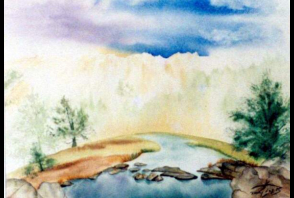 ''Nouvelle Terre'', aquarelle 38x28cm de Fanny LAFFITTE, peintre aquarelliste Sa recherche esthétique aime aller vers l'universel, sortir du cadre de l'oeuvre, par la portée de son sujet, pour ouvrir son esprit vers une harmonie sans frontières. 