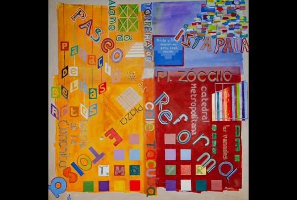 ''MEXICO''huile sur toile 100 x 100cm. Gérard SUISSIA dans sa stylistique abstraite utilise les couleurs, les signes tels des indicateurs qui seront significatifs. Les éléments urbains les plus flagrants participent à son art d'avant garde qui nous racont
