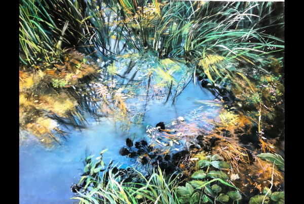 ''Reflets bleus sur le Rû'', 70 x 85 cm, pastel de Marie-Claude JACQUEMARD. Le ciel et l'eau  unis dans ce petit cours d'eau à Giverny, message de lumière en ce muséal Jardin. L'artiste par la Nature et sa peinture, envoie une pensée vers MONET.  