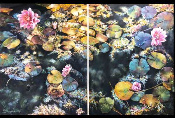 Diptyque. Les ''Nymphéas à Montauger'' pastels. 110 x 70 cm, cette oeuvre de Marie-Claude JACQUEMARD, est un Hommage de talent, nous rappelant l'amour de Claude MONET pour ces fleurs devenues emblématiques dans l'impressionnisme et pour la Paix. 