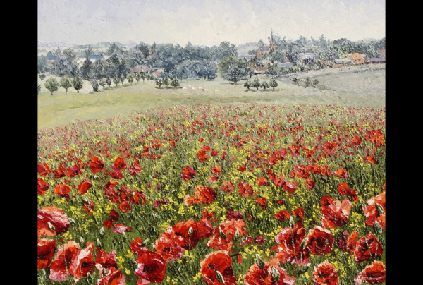 Oeuvre ''Molliens-aux-Coquelicots'' (Molliens-au-Bois).50X61cm, huile au couteau sur toile de lin. Michel STANNARD nous fait vivre une immersion délicate dans la beauté emblématique de la poésie picturale impressionniste qui marqua l'Art, rappelant MONET.