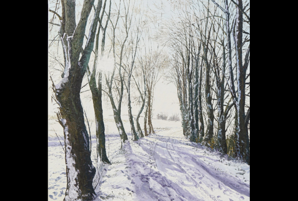 'Le Soleil joue avec la Neige'' (Millencourt).70x70cm, huile (au couteau) sur toile de lin.  Lumière étincelante, blancheurs diaphanes, tels les impressionnistes et Claude MONET, le peintre Michel STANNARD, parvient à donner vie et charme à l'hiver.