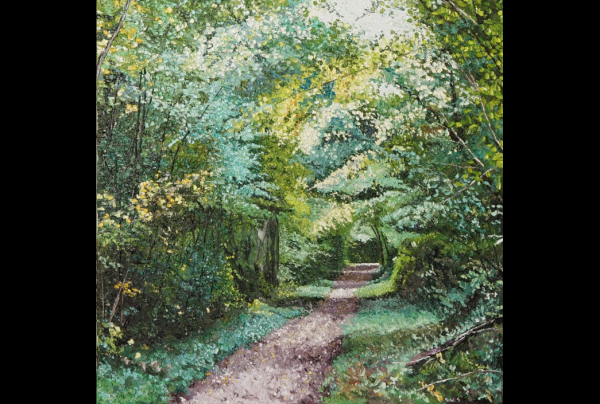''Sentier Boisé'' (Halloy-lès-Pernois) 70x70cm, huile (au couteau) sur toile de lin. Claude MONET aurait certes aimé se promener sur ce sentier ruisselant d'une verdure vivifiante. Michel STANNARD, peint et transmet l'amour de la nature.