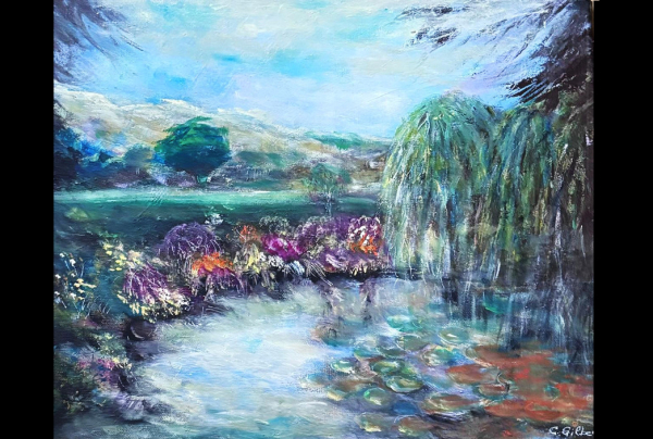 ''Les Jardins de Giverny'', acrylique sur toile,40x60cm, Christiane GILBERT rend ici un hommage à Claude MONET, et maintient dans notre siècle ce lien pictural avec lui. Souvenir présent d'un havre de beauté et de Paix hors du temps. 