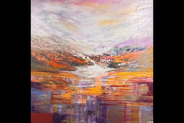 ''Patchwork'', 80x80cm, acrylique sur toile. Étonnant  paysage de  Christiane GILBERT qui  résume à lui seul une synthèse de ce que peut être l'impressionnisme, celui d'hier et d'aujourd'hui. Lumière, reflets, figuratif, abstraction, tout y est. 