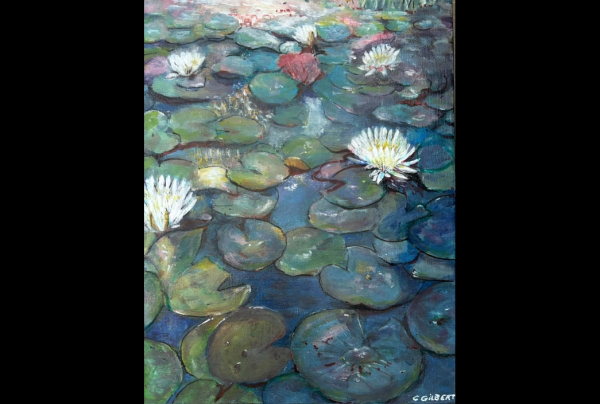 '' Les Nénuphars '', 40x30 cm, acrylique sur toile de Christiane GILBERT. A travers cette œuvre elle peint un des sujets préférés de Claude MONET. Magnifiques fleurs d'eau et de ciel, elles témoignent ici, qu'un peintre et son art ne meurent jamais.   