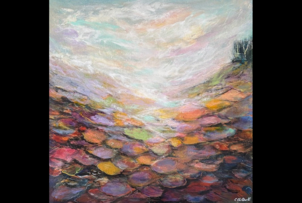 ''Au Cœur de la Terre'', 60x60cm, acrylique sur toile, Christiane GILBERT, évoque les aspects d'abstraction dans certaines formes d'impressionnisme du paysage. Avec ses impacts de ressentis, pour ce courant de nouvelles voies s'ouvrent dans notre époque.