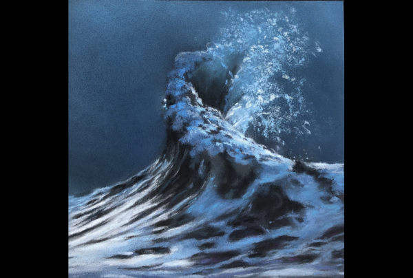 ''7e Vague'', 40x40cm, pastel, une œuvre étonnante, la vague est un enjeu d'esthétique universel depuis l'estampe d'HOKUSAI, que MONET collectionna . Janick PONCIN, fait ici une démonstration de son talent avec une incomparable maîtrise.  