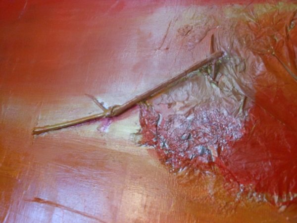 SYLVIE GUTERMANN PEINTRE, A MIS EN RELIEF, AU CENTRE DU TABLEAU, UN ELEMENT DE BRANCHE.    