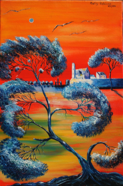 Paysage embrasé, 33x22, huile sur toile, pinceau.