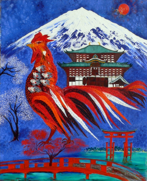 JAPON, PEINTURE, LE COQ DE LA PEINTRE MARIE-FRANCE BUSSET AU PAYS DU SOLEIL LEVANT