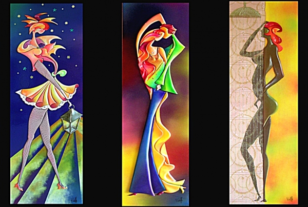 Georges CASTILLE Tableaux Bois Sculptés 3D Polychromes. (120x40cm) De g. à dr. 