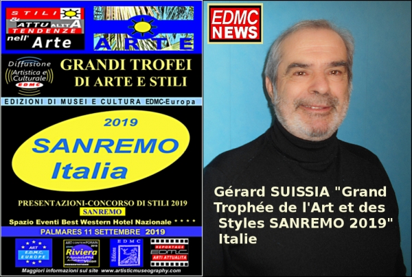 Gérard SUISSIA, pittore, laureato del Palmares, ha ottenuto il Grande Trofeo di Arte e Stili, Sanremo 2019 Italia