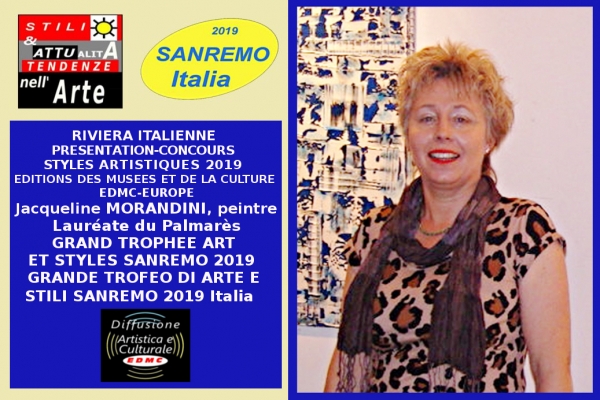 Jacqueline Morandini, pittrice, Insignita del Palmares, ha ottenuto il Grande Trofeo di Arte e Stili, Sanremo 2019 Italia