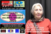 Artiste Lauréate du Palmarès 2020 La peintre Betty De Rus, Award d'Or au Concours National Numérique des Arts Visuels