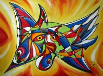 “Le Papillon” Char aux Dauphins” acrylique sur toile (97x130cm) de Élisabeth AUER, peintre, 