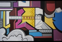 “Dans le Chemin de Fer” -Tableau Graffiti - Techniques mixtes (huile acrylique) toile sur chassis 65x100cm, oeuvre de Catherine FEFF