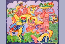 “Vie Campagnarde” huile et acrylique sur toile (65x54cm) oeuvre d' Émile VAN LONG, peintre,