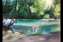  ''Baignade dans la Cèze'', huile sur toile, (33x24cm) Rita CAU aime peindre le bonheur et la joie de vivre. Peintre du Sud, son style figuratif reconnaissable appelle parfois des jeux de lumières impressionnistes, ou des touches plus académiques.
