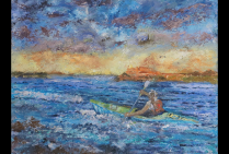 ''Mon Île en Feu'', huile sur toile, 65x80cm. Jeanne SIMON révèle la nature qui se déchaîne au travers des flammes, œuvre esthétique et de message, elle porte l'actualité de notre époque et témoigne de nos peurs face au climat.