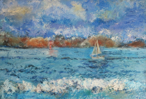 ''Mystère d'Ailleurs'', huile sur toile 54x80cm, Jeanne SIMON sait faire rêver le spectateur avec grand talent, son titre subtil reste ouvert, permet que l'on projette sur sa toile nos envies d'évasion, d'exotisme, de découverte,face aux beautés du monde.