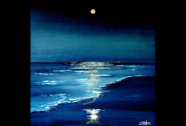 ''Lumières de Lune'' huile sur toile, (80x80cm) Christian BIARD montre la beauté picturale de la lune et de sa lumière dans une essentielle simplicité. La lumière lunaire intense surjaillit du nocturne, tel un reflet pontage, porte le lointain à nos pieds