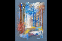 ''Sortir de la Forêt'', 50x60cm, pastel, Frédéric STEINLAENDER peintre pastelliste. Un retour vers la pleine lumière, des sensations 3D, pour se promener du regard et par l'esprit. Des arbres pleins de vie et leurs branches qui aimeraient nous retenir.