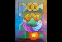 ''Composition N° 10''. 2025 ( 81 x 60 cm ) Huile sur toile. Harmonie des formes et couleurs, plans et contre-plans créant avancées et profondeurs, font de cette œuvre de Jacqueline HUBERT,un modèle d'abstraction géométrique optique touchant la perfection.
