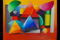 ''Construction''. 2015 (81x60 cm) Huile sur toile. La position des volumes, des couleurs, créent une animation étonnante d'harmonie, l'imaginaire aboutit à une vérité picturale. Jacqueline HUBERT fait apparaître en Art une autre esthétique du Beau.