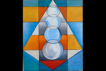 ''Bulles de Lune'' 2025 (65x54cm) Huile sur toile. Jacqueline HUBERT sait jouer avec la progression des formes géométriques. Un brin de lyrisme dans le titre, pour un crescendo de lignes de fuites allant vers le haut. Un tableau majestueux et imposant.   