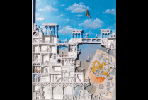 ''La Maison de  l'Horloger'' (80x100 cm) Œuvre* du peintre plasticien Dan MONTELET. Artiste de talent aux scénographies allégoriques, dans cette œuvre mécaniste et constructiviste, il interprète les rouages du temps.Une approche surréaliste et récréative.