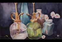 ''Conversation'' aquarelle 48x28cm d'Isabelle HELLY DORDET. Transparences et équilibre, les objets semblent animés, dialoguer. Le style de l'artiste, ses couleurs et formes, créent une ambiance lyrique surprenante et attractive.  