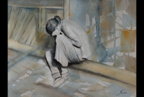 Dans l'aquarelle ''Tristesse'' 19x29cm, Isabelle HELLY DORDET, fait parler les couleurs pour exprimer un sentiment. Une remarquable poétique simple et directe, le style atteint son but en traitant l'attitude et l'atmosphère d'ensemble.