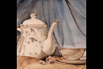 ''L'Instant Thé'' 39x29cm aquarelle. Isabelle HELLY DORDET à l'art de voir au-delà de la vision première de l'objet, son histoire et sa poésie, elle en peint ainsi une présence plus forte, donnant un souffle de vie à son aquarelle.  