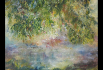 ''Instant paisible sur l'Étang'', 116 x 89 cm, huile brosse et couteau sur toile de lin. Une œuvre à inscrire parmi les chefs-d’œuvre dans le catalogue général de Michel SKUPIEN. Peintre sincère au geste spontané, la Nature lui a guidé la main.