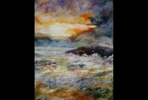 ''Soleil Couchant'' 89x116cm, huile, brosse et couteau sur toile de lin. Expression d'un ''Soleil Couchant'' au XXIe siècle, dans cette marine emplie d'intensité et de puissance contenues, Michel SKUPIEN sait comment faire rugir les éléments.