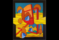 ''L'Oeil sur la Nature'', 65x54cms, Acrylique sur toile, 2025 Michel MARANT, traite ici le sujet  avec son intelligence esthétique qui crée un rêve-mirage en une composition nette, une grammaire explicite des formes tout autant de l'idée.