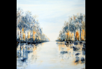 ''Reflets'', huile sur toile, 90x90cm, Christian BIARD, va droit au cœur de l'impressionnisme avec cette peinture de l'eau dans les terres. Miroir du ciel et des arbres, osmose unique des éléments de la nature poussés en leurs éclats ultimes.
