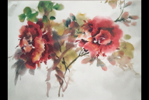 ''Pivoines'' 70x50cm, peinture calligraphique chinoise sur papier de riz marouflé de Sylviane LEBLOND, couleurs chaleureuses, dans une sensibilité veloutée, la subtilité du pinceau dépasse la vision première pour y insuffler la vie. 