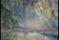 ''Instant Paisible'', huile sur toile en lin,116x89cm. Dans ses oeuvres Michel SKUPIEN laisse parler son cœur, l'artiste nous transporte dans un autre réel d'un monde cristallin aux couleurs d'opale, tel un rêve éveillé d'une beauté subtile inouïe. 