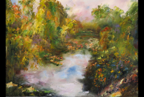 ''Bord de l'Eau'', huile sur toile en lin 61x50cm. Michel SKUPIEN peint avec des souvenirs, sa mémoire filtre, décrit ses sensations à Giverny. Il rejoint Claude MONET, pour peindre en vibrant d'émotions communes, dans une même lumière.