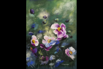 'Fleurs du Jardin''. Pastel 50x 65cm. Comment ne pas penser au jardin de Claude MONET. Frédéric STEINLANDER peint ici la beauté apprivoisée des fleurs délicates, vouées aux meilleurs soins, il nous en restitue leur grâce.  