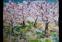 'Sakura''   huile sur toile 60x70cm Toshio ASAKI, nous fait aimer la beauté de la nature, son style nous ressource car il adoucit le visible initial pour en retenir la pureté immanente, en filtrer la poésie qui s'y trouve  et la traduire en peinture.