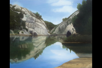 ''Le lac du Peiroou à St Rémy-de-Provence'', huile sur toile de lin fin 46x38cm. Avec ce choix de motif étonnant la Peintre-Lauréate Myriam COLART, nous subjugue, elle peint un paysage surprenant et grandiose, pour mieux unir art et nature par son talent.