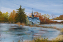''Givre et Gel autour de la Chapelle du Planté, Loire-Atlantique'' (81 x 116 cm) acrylique sur toile. Pour Marie BLAIS-CALVEZ, ce sont ses impressions associées à la lumière du paysage qui peuvent en restituer la sensible vérité. 