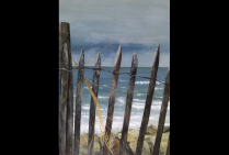 ''Brise légère à marée haute à la Pointe de Pen Bron'' (100x81cm), acrylique sur toile est une  symbiose de la peintre avec le paysage. Ses pinceaux expriment une ambiance subtile qui fait remarquer le talent magistral de Marie BLAIS-CALVEZ.  
